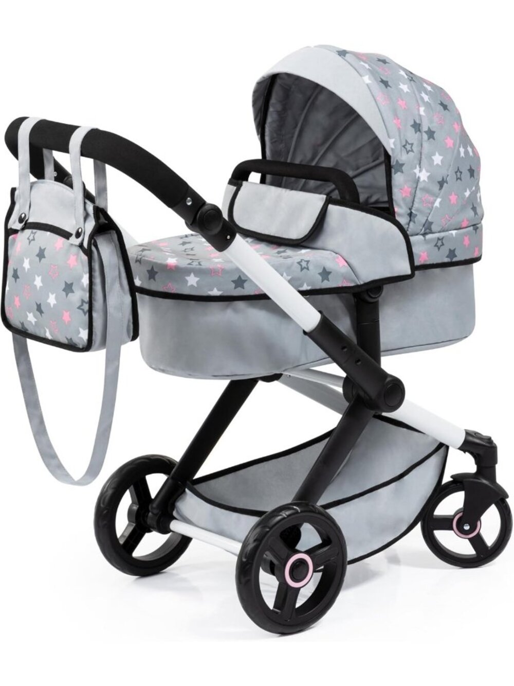 Convertible Doll Pram Pushchair with Bag - Stylish Grey & Pink Design